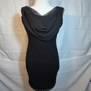 Vintage Amanda Taylor Black Beaded Cowl Neck Cocktail Dress Sheer Draped Size 6